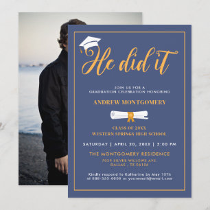 He Did It Grad Cap Tassel Blue Graduation Photo Invitation