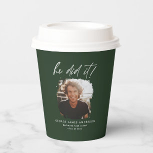 He did it green modern photo graduation paper cups