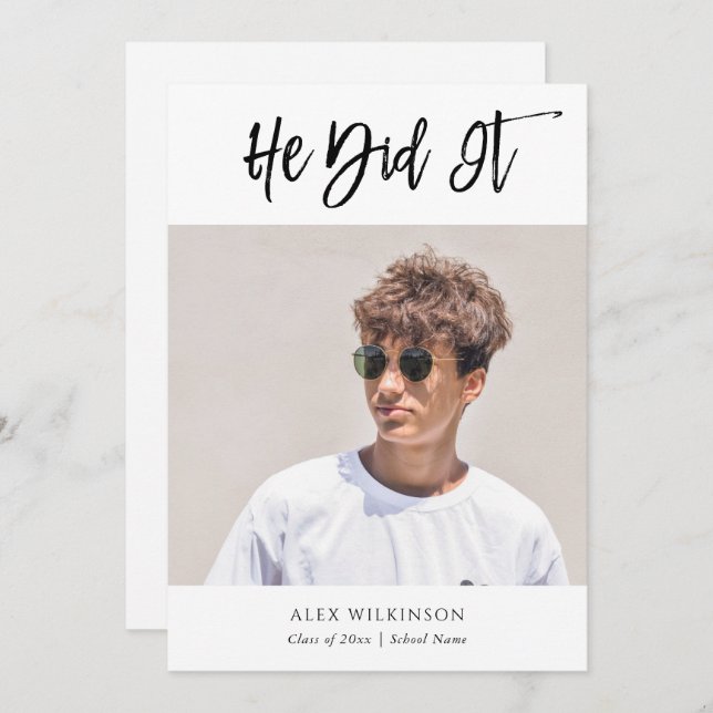 He Did It Modern Calligraphy Photo Graduation Invitation (Front/Back)