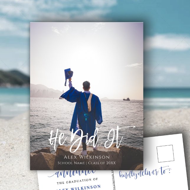 He Did It Modern Script Boy Photo Graduation Announcement Postcard (Creator Uploaded)