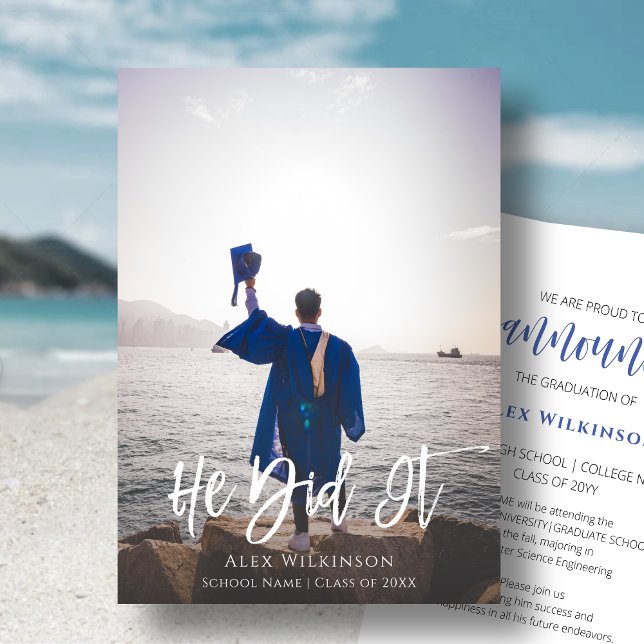 He Did It Modern Script Guy Photo Graduation Announcement (Creator Uploaded)