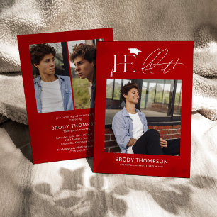 He Did It Red & White 3 Photo Graduation Party Invitation