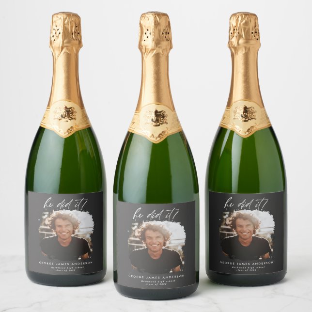 He did it script photo graduation party black sparkling wine label (Bottles)