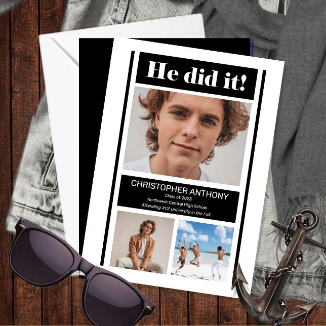 He Did It Simple Minimalist BW Graduation Announcement (Creator Uploaded)