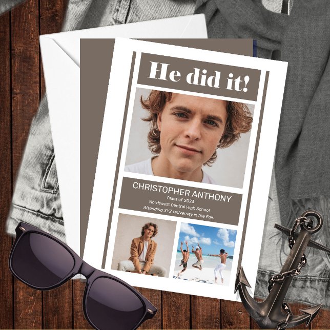 He Did It Simple Minimalist Greige Graduation Announcement (Creator Uploaded)