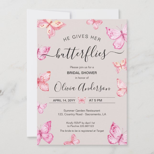 He gives her Butterflies Bridal Shower Invitation (Front)