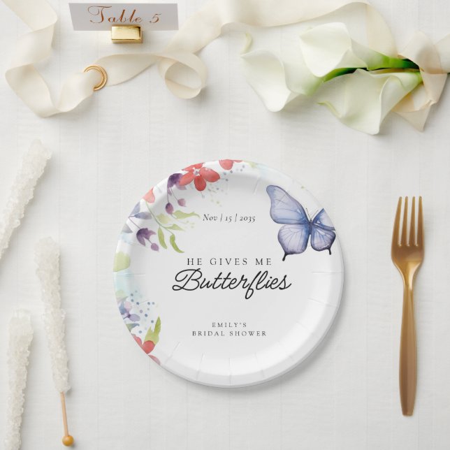 He Gives Me Butterflies Bridal Shower Paper Plate (Wedding)