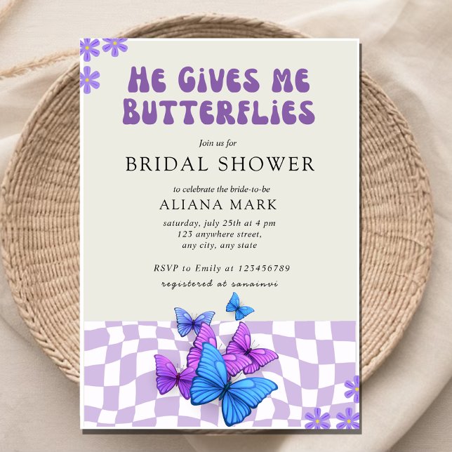 He gives me butterflies chequered  Bridal Shower  Invitation (Creator Uploaded)