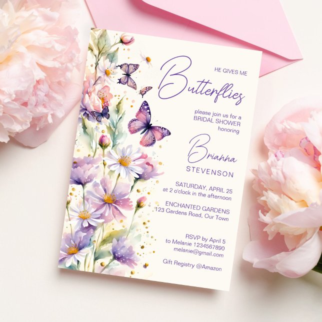 He gives me butterflies enchanted bridal shower invitation (He gives me butterflies enchanted garden purple lavender flowers bridal shower invitation template)