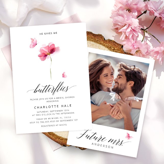 He Gives Me Butterflies Floral Bridal Shower Invitation (Creator Uploaded)