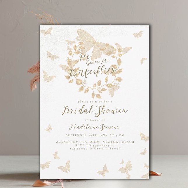 He Gives Me Butterflies Gold Wreath Bridal Shower Invitation (he gives me butterflies gold eucalyptus garden bridal shower invitation romantic elegant boho chic)