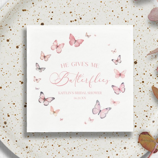 He Gives Me Butterflies Soft Pink Bridal Shower  Napkin (Creator Uploaded)