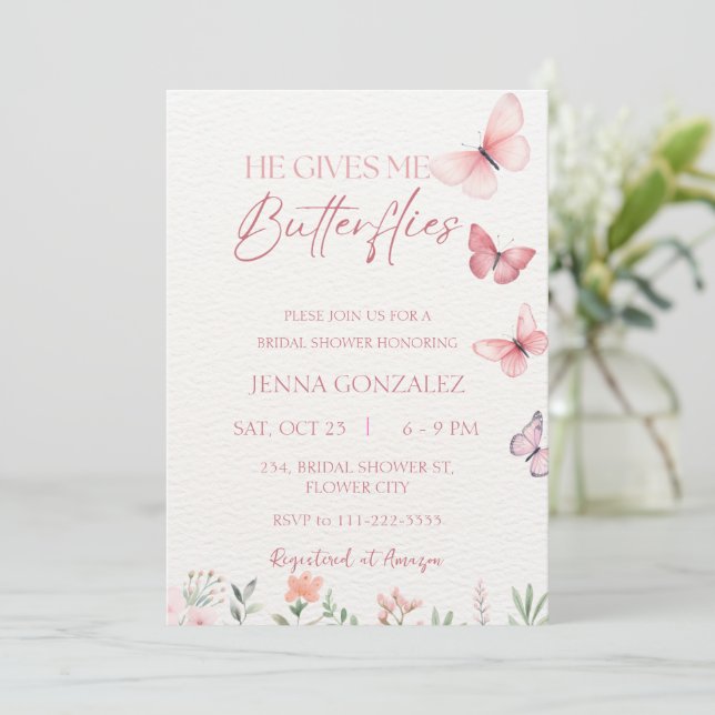 He Gives Me Butterflies Wildflower Bridal Shower Invitation (Standing Front)