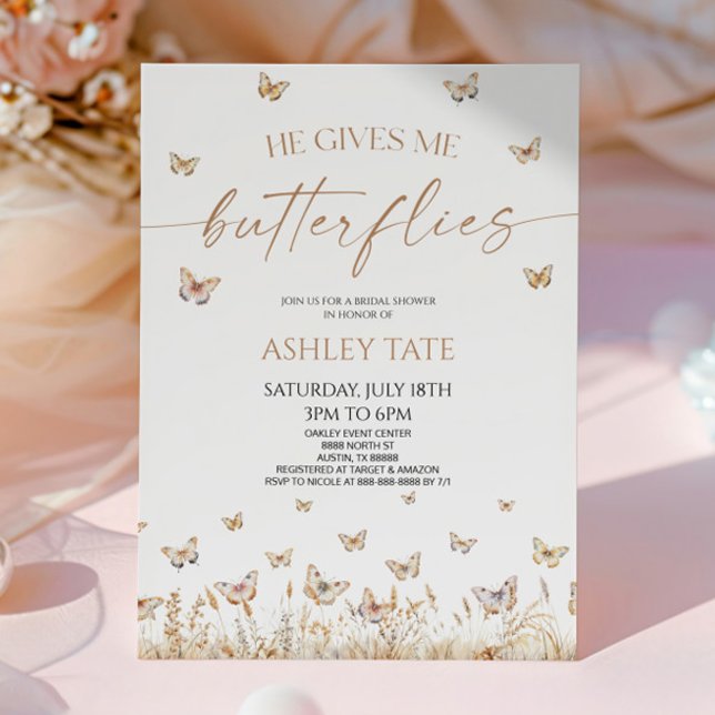 He Gives Me Butterflies Wildflower Bridal Shower Invitation (Creator Uploaded)