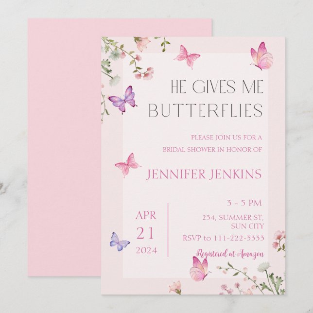 He Gives Me Butterflies Wildflower Bridal Shower  Invitation (Front/Back)