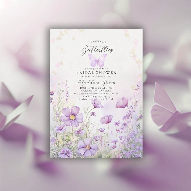 He Gives Me Butterflies Wildflowers Bridal Shower Invitation (he gives me butterflies purple wild flower garden watercolor bridal shower invitation)