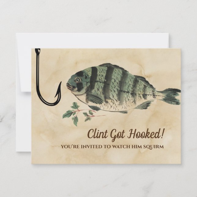 He Got Hooked! Fish Funny Engagement Party Invitation (Front)