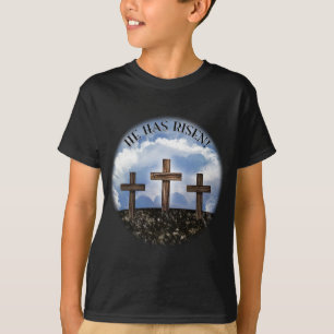 He Has Risen 3 Rugged Crosses with Lord's Prayer T-Shirt