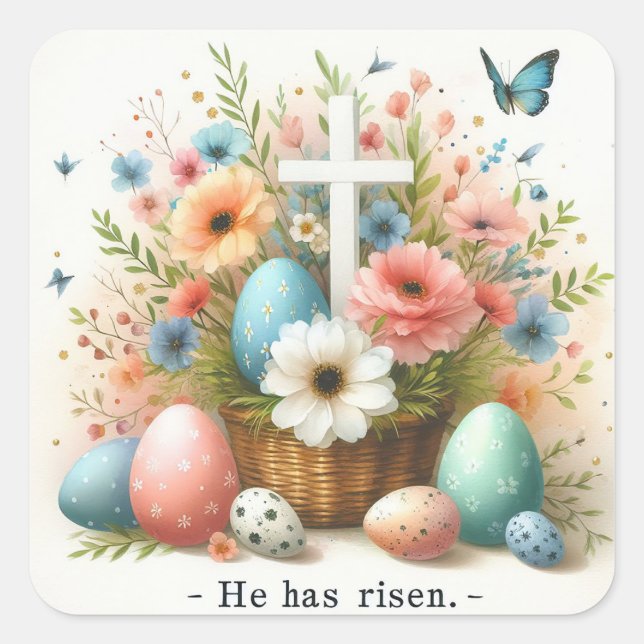He has risen Cross Square Sticker (Front)