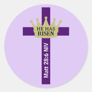 He Has Risen Easter Day Crown and Cross Purple Classic Round Sticker