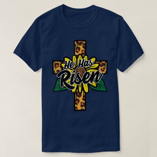 He Has Risen Leopard Cross Religious Easter Christ T-Shirt (Design Front)