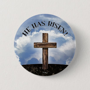 He Has Risen Rugged Cross Sky 6 Cm Round Badge