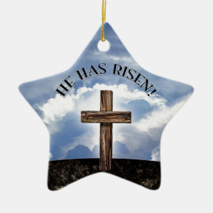 He Has Risen Rugged Cross Sky Ceramic Tree Decoration