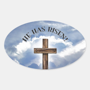 He Has Risen Rugged Cross Sky Oval Sticker
