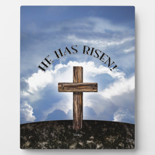 He Has Risen Rugged Cross Sky Plaque