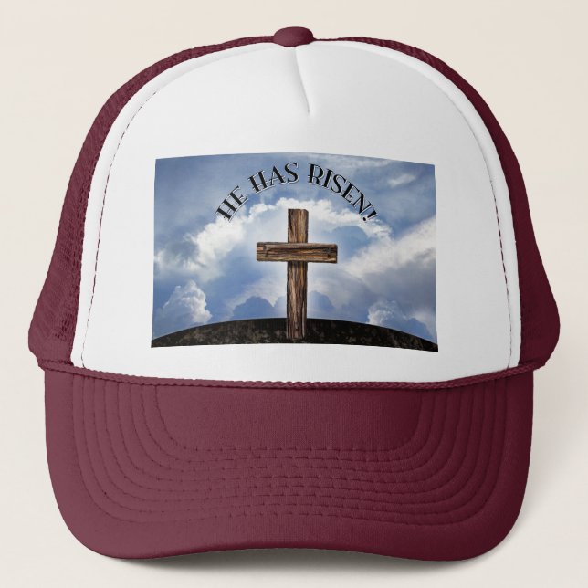 He Has Risen Rugged Cross Sky Trucker Hat (Front)
