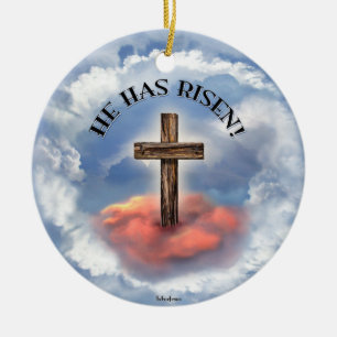 He Has Risen Rugged Cross With Clouds Ceramic Ornament