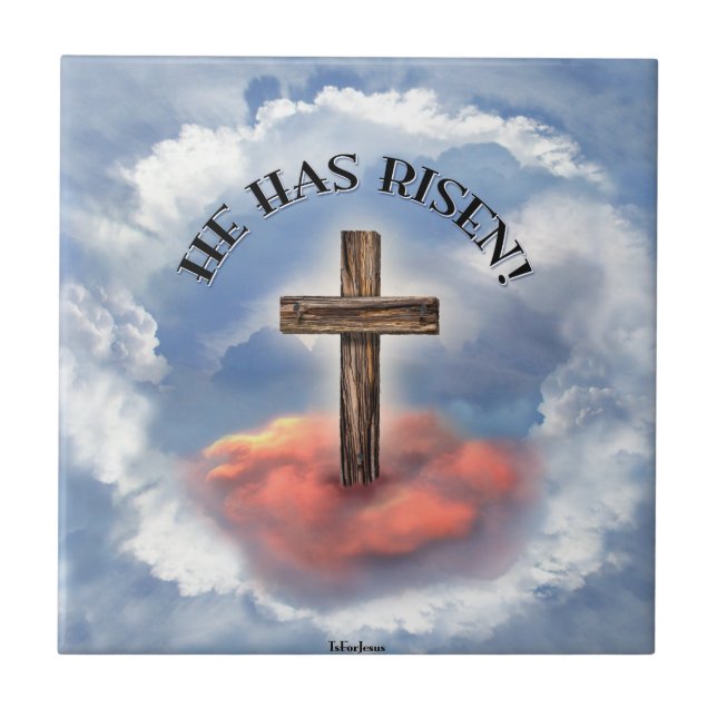 He Has Risen Rugged Cross With Clouds Ceramic Tile (Front)