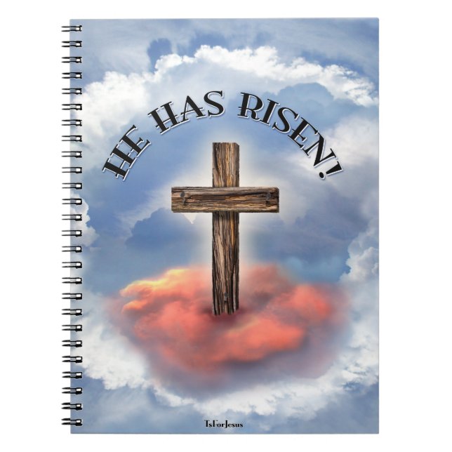 He Has Risen Rugged Cross With Clouds Notebook (Front)