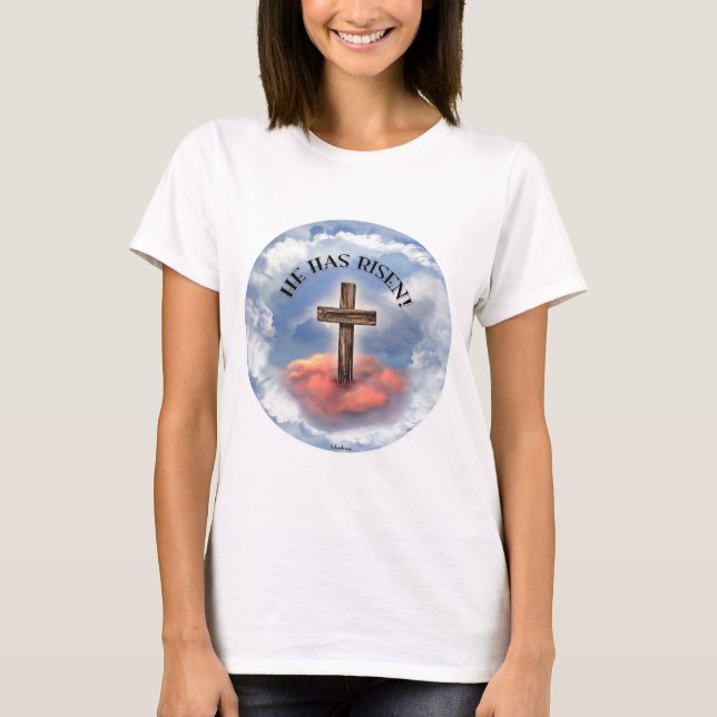 He Has Risen Rugged Cross With Clouds T-Shirt (Front)