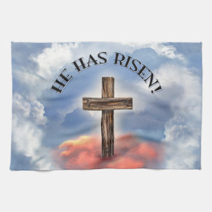 He Has Risen Rugged Cross With Clouds Tea Towel