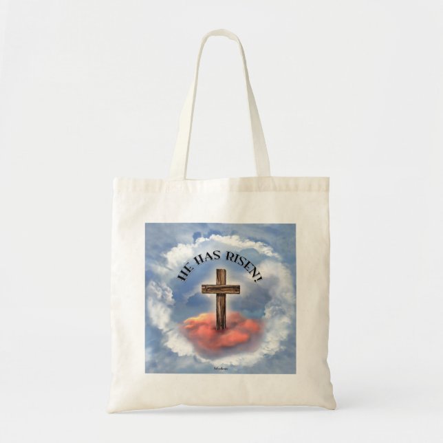 He Has Risen Rugged Cross With Clouds Tote Bag (Front)