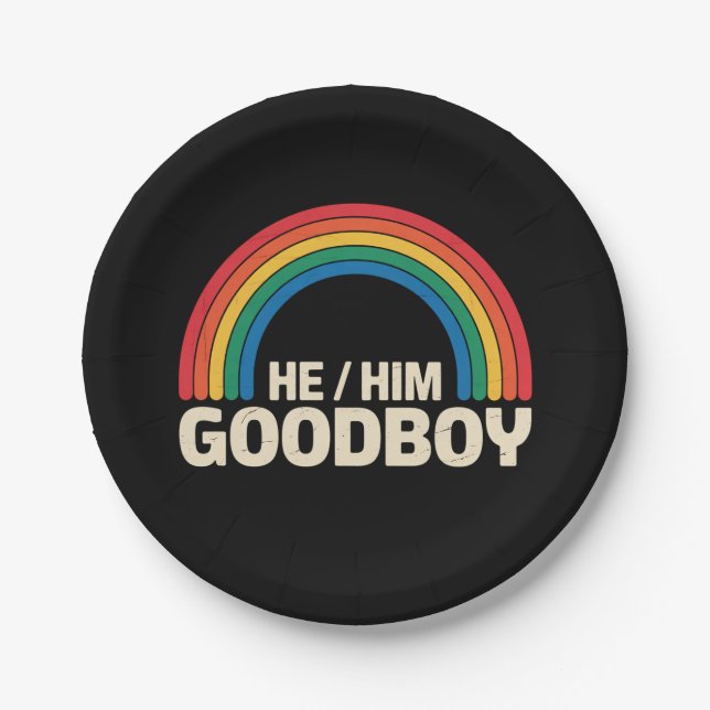 He Him Good Boy Rainbow LGBTQ Gay Pride Ally Paper Plate (Front)