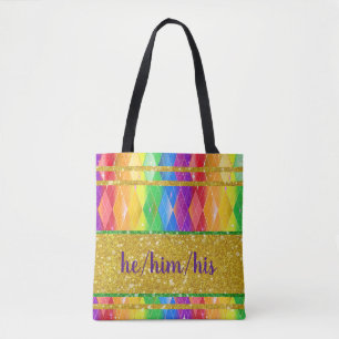 he him his pronoun glitter rainbow pride argyle tote bag
