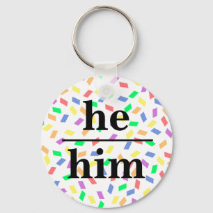 He him pastel rainbow sprinkles pronoun key ring