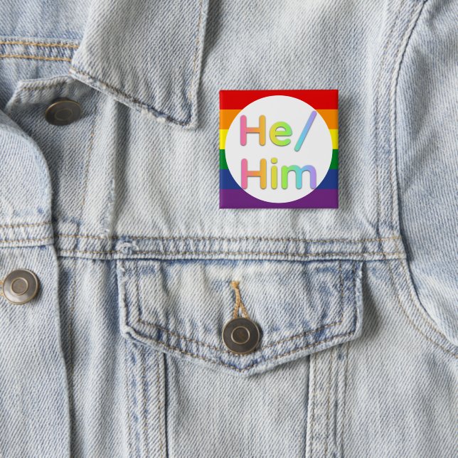 He/Him Pride Square Button (In Situ)
