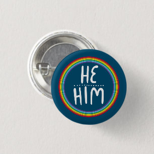 HE/HIM Pronouns Rainbow Handlettered Blue 3 Cm Round Badge