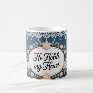 “He Holds My Heart” Elegant Floral Lace Christian Coffee Mug