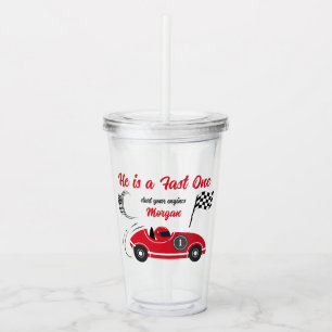 He is a Fast One Festive Red Race Car Birthday Acrylic Tumbler