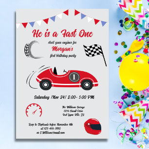 He is a Fast One Festive Red Race Car Birthday Invitation