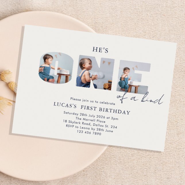 He is ONE of a Kind Photo Navy Blue First Birthday Invitation (Creator Uploaded)