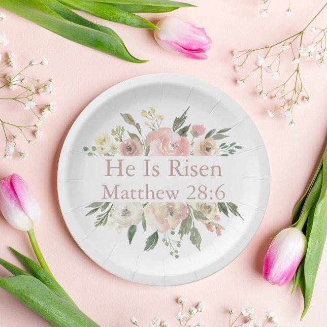 He is Risen Beautiful Pink Floral Easter Party Paper Plate (Creator Uploaded)