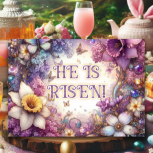 He Is Risen Butterflies Lilacs Purple Easter  Holiday Card