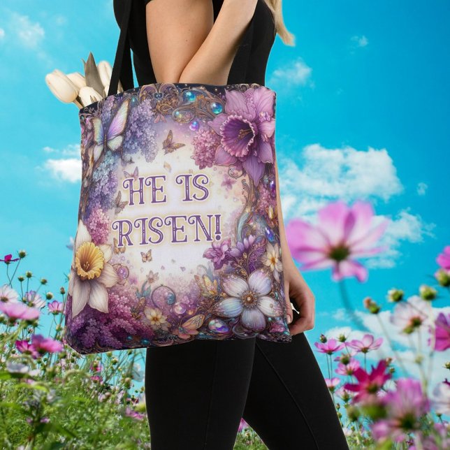 He Is Risen Butterflies Purple Floral Easter  Tote Bag (Creator Uploaded)
