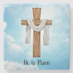 He Is Risen Christian Cross Easter Stone Coaster
