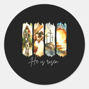 He Is Risen Christian Cross Jesus Bible Verse Happ Classic Round Sticker